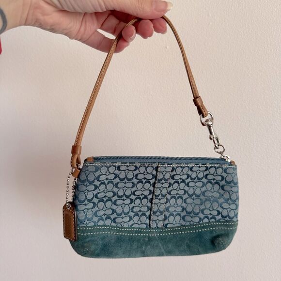 Coach Mini Signature Canvas Suede Wristlet Wallet Bag - Picture 2 of 5